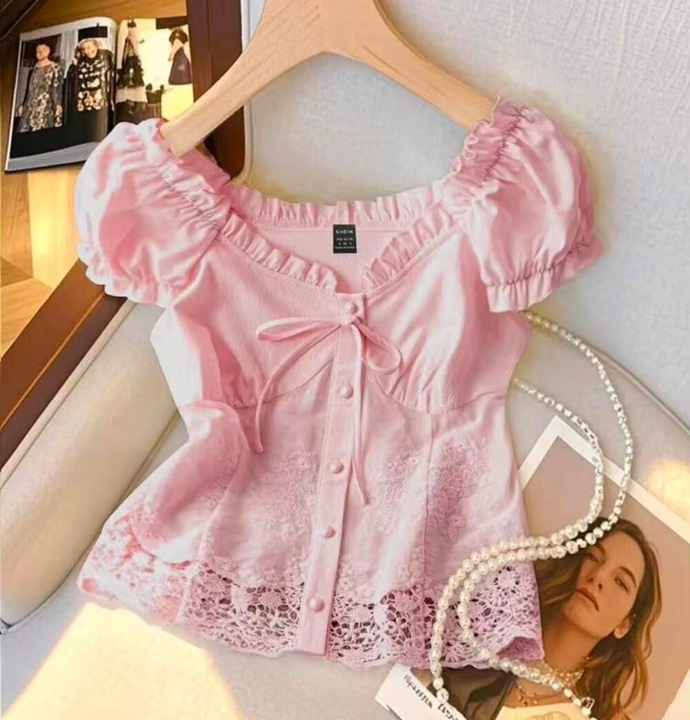 Shein Pink Parisian Top Milkmaid Crop Blouse Prairie Cottagecore XL 12 Preppy
